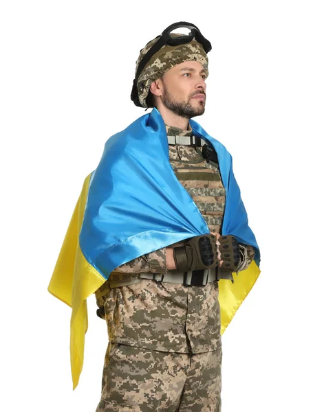 Soldado Uniforme Militar Con Bandera Ucraniana Sobre Fondo Blanco — Foto de Stock
