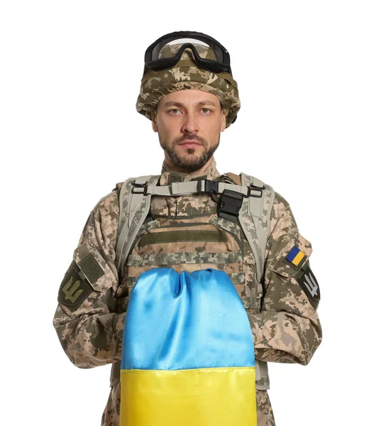 Στρατιώτης Στρατιωτική Στολή Ουκρανική Σημαία Λευκό Φόντο — Φωτογραφία Αρχείου
