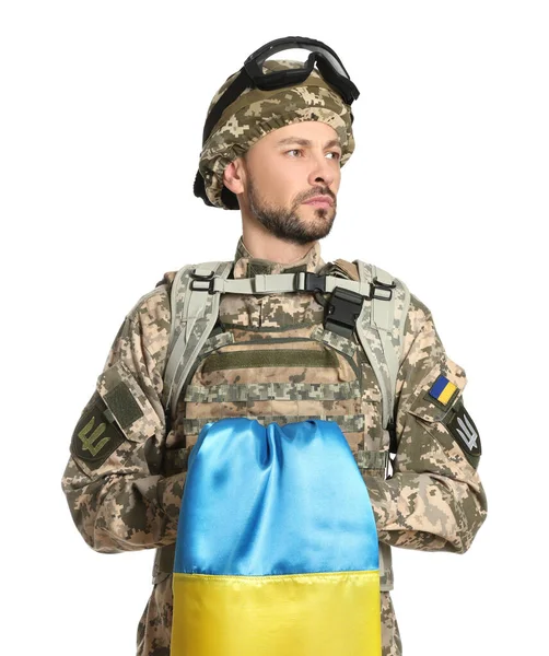 白い背景にウクライナの旗と軍の制服の兵士 — ストック写真