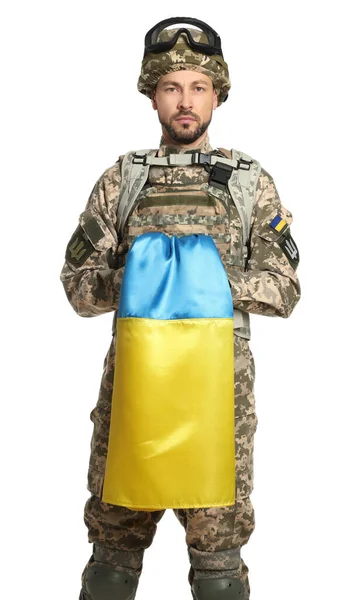 Soldat Militär Uniform Med Ukrainska Flagga Vit Bakgrund — Stockfoto