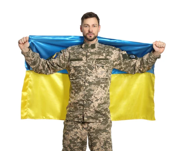 Soldaat Militair Uniform Met Oekraïense Vlag Witte Achtergrond — Stockfoto