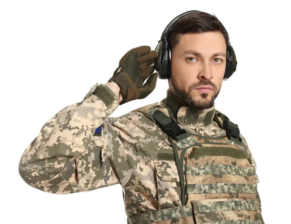 Soldato Ucraino Uniforme Militare Cuffie Tattiche Attive Sfondo Bianco — Foto Stock