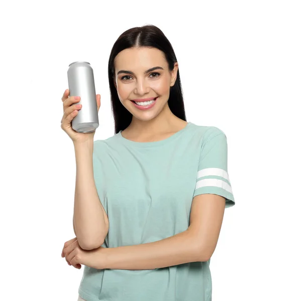 Schöne Glückliche Frau Hält Getränkedose Auf Weißem Hintergrund — Stockfoto