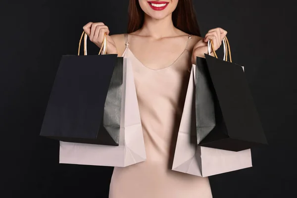 Woman Shopping Bags Black Background Closeup Big Sale — Stock Photo, Image
