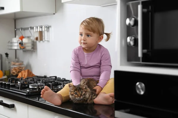 可爱的小孩和可爱的宠物坐在厨房的台子上 — 图库照片