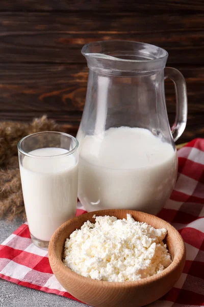 Tasty Fresh Milk Cottage Cheese Grey Table — Stock Photo, Image