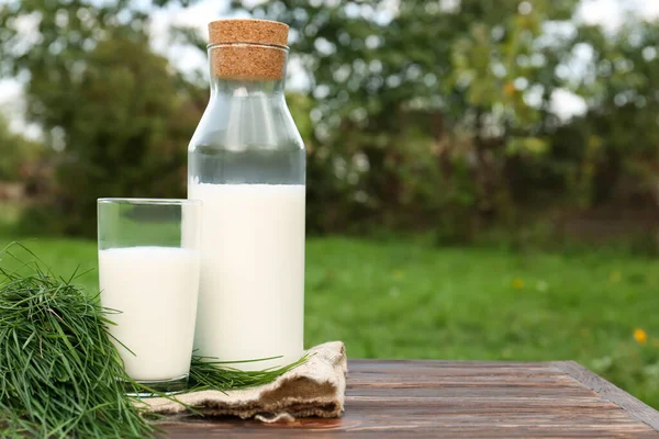 Smaklig Färsk Mjölk Och Grönt Gräs Träbord Plats För Text — Stockfoto