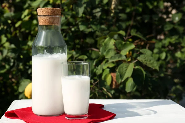 Склянка Пляшка Свіжого Молока Білому Дерев Яному Столі Відкритому Повітрі — стокове фото