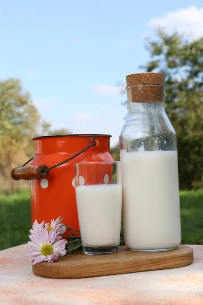 Chutné Čerstvé Mléko Barevné Texturované Stůl Venku — Stock fotografie