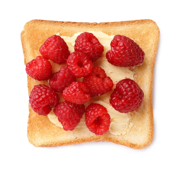 Chutný Toast Máslem Malinami Izolované Bílém Horní Pohled — Stock fotografie
