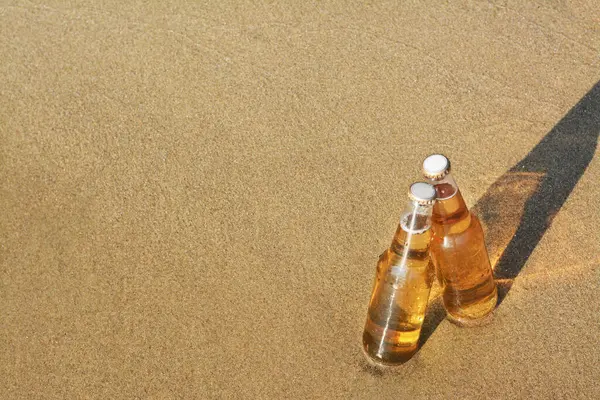 Bottles Cold Beer Sandy Beach Space Text — Stock Fotó