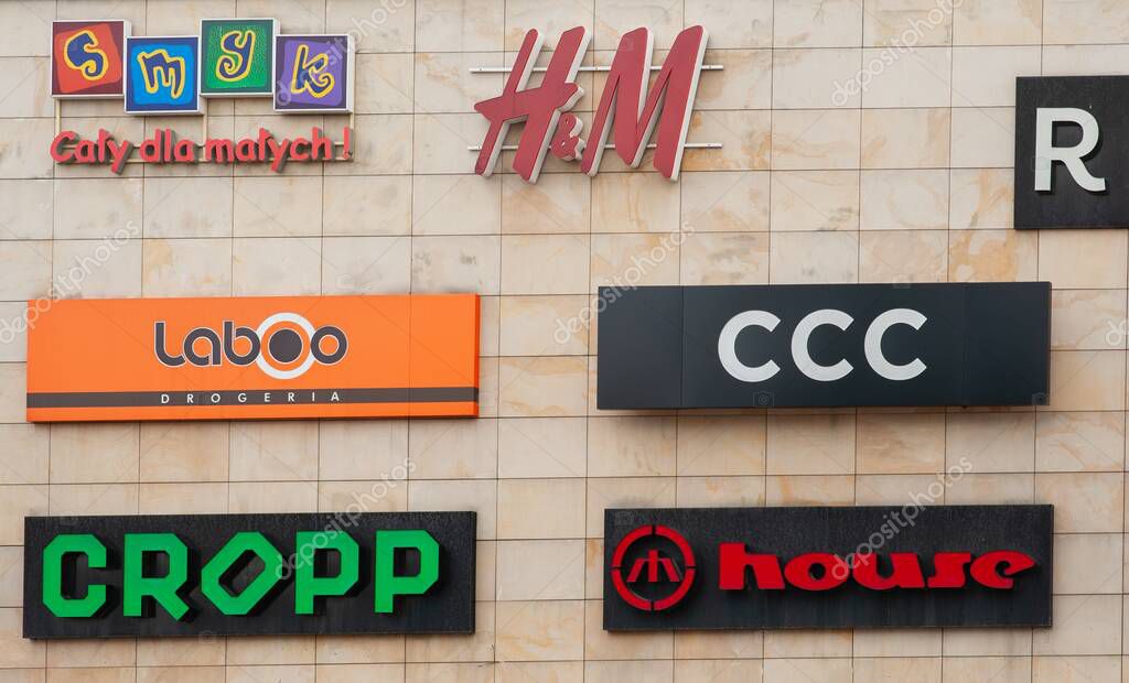 SIEDLCE, POLAND - AUGUST 30, 2022: Shopping mall with different store brand logos outdoors