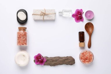 Beyaz zemin üzerinde farklı spa ürünleri bulunan düz bir kompozisyon. Metin için boşluk