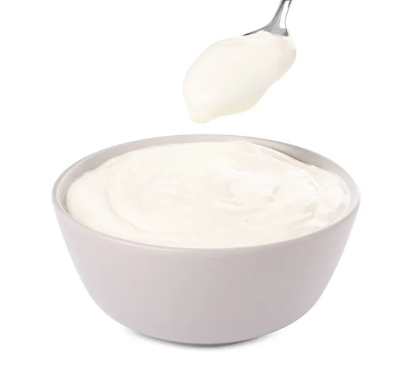 Ceramiczna Miska Łyżka Pysznym Jogurtem Organicznym Białym Tle — Zdjęcie stockowe