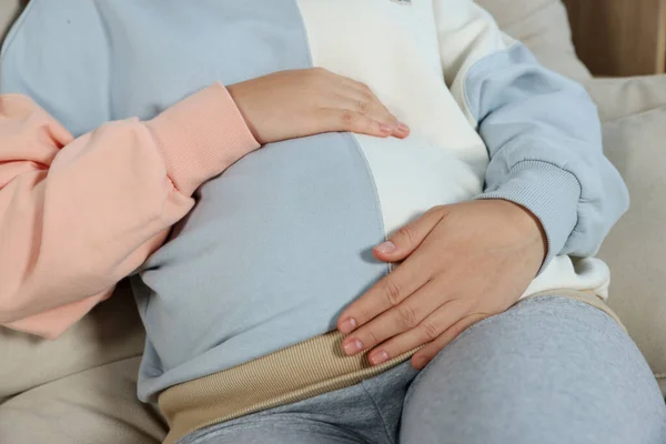 Pregnant Woman Touching Belly Indoors Closeup View — Stock Photo, Image