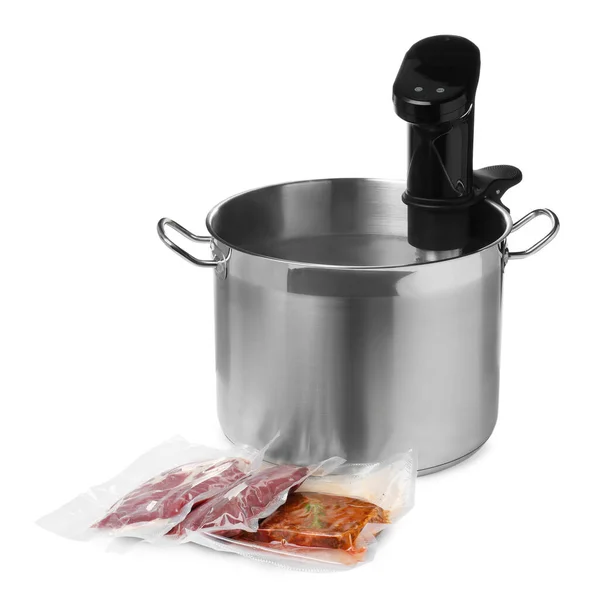 남비에 온천수 장치와 바탕에 고기를 비누를 요리할 사용하는 — 스톡 사진