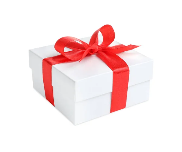 圣诞礼物白底红丝带蝴蝶盒 — 图库照片
