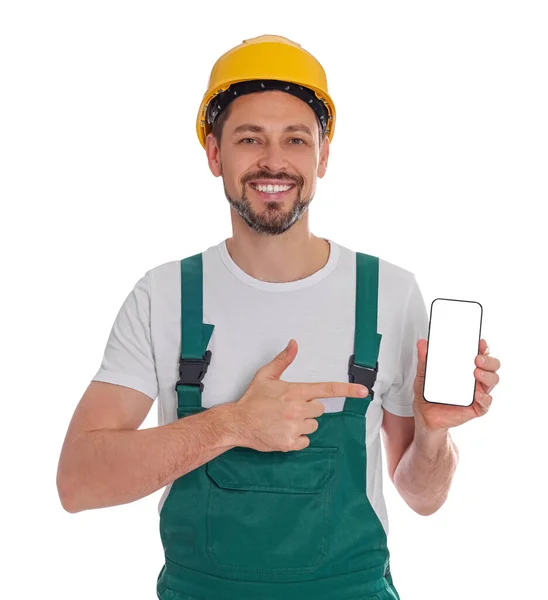 Professionelle Reparaturfirma Uniform Mit Telefon Auf Weißem Hintergrund — Stockfoto