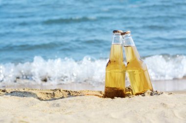 Bottles of cold beer on sandy beach near sea, space for text