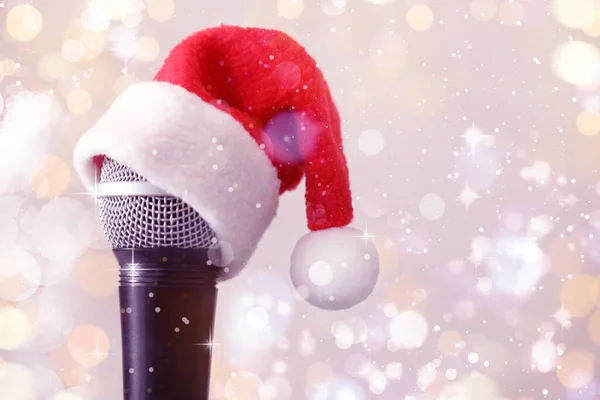 Microphone Santa Hat Blurred Lights Space Text Christmas Music — Foto de Stock