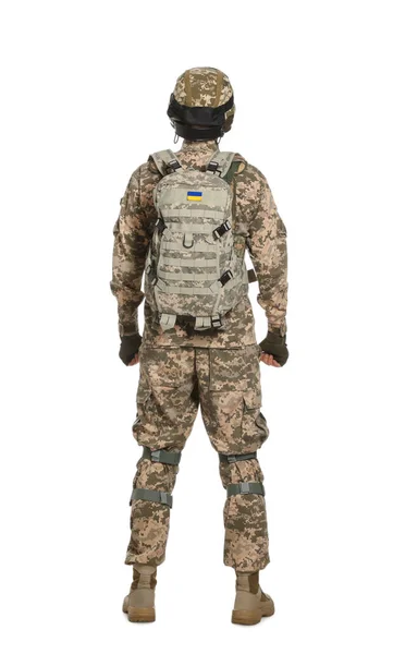 Voják Ukrajinské Vojenské Uniformě Taktickými Brýlemi Batohem Bílém Pozadí Pohled — Stock fotografie