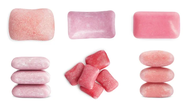 Set Met Verschillende Smakelijke Kauwgom Witte Achtergrond — Stockfoto