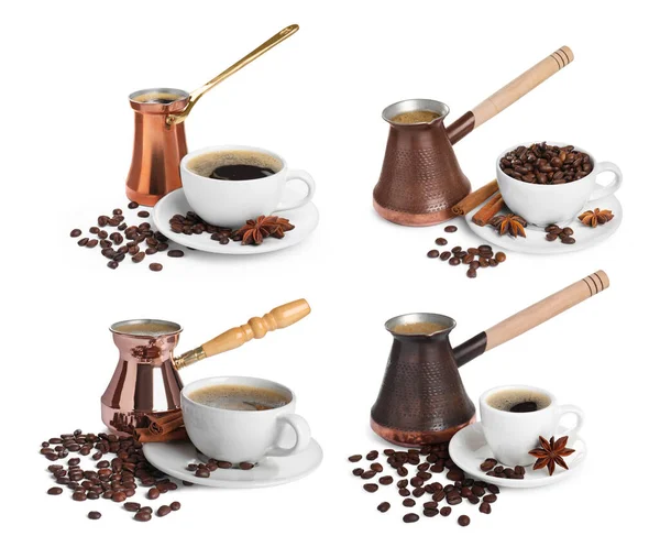 Set Different Turkish Coffee Pots Cezve Hot Coffee Beans White — Stock Photo, Image