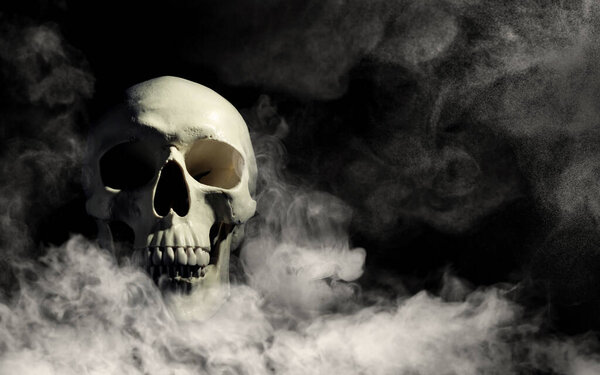 Scary skull emerging from smoke in darkness