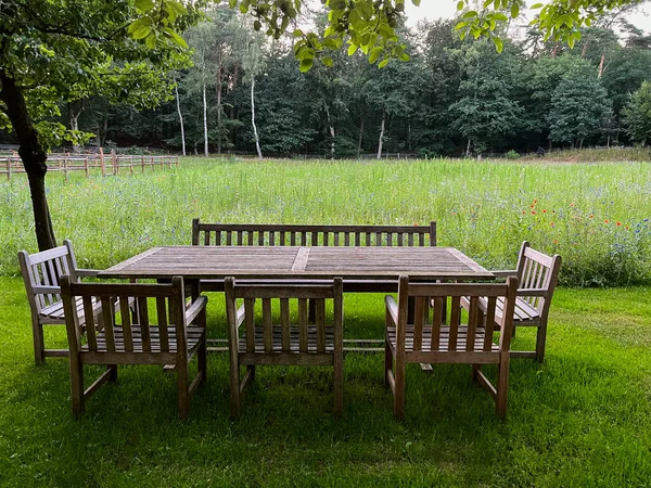 庭にベンチや椅子付きの木製のテーブル 景観デザイン — ストック写真