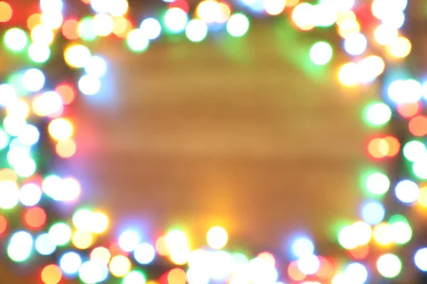 Размытый Вид Рамки Выполненной Цветными Рождественскими Огнями Светлом Фоне Эффект — стоковое фото