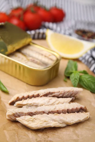 Canned Mackerel Fillets Served Parchment Closeup — Stock Photo, Image