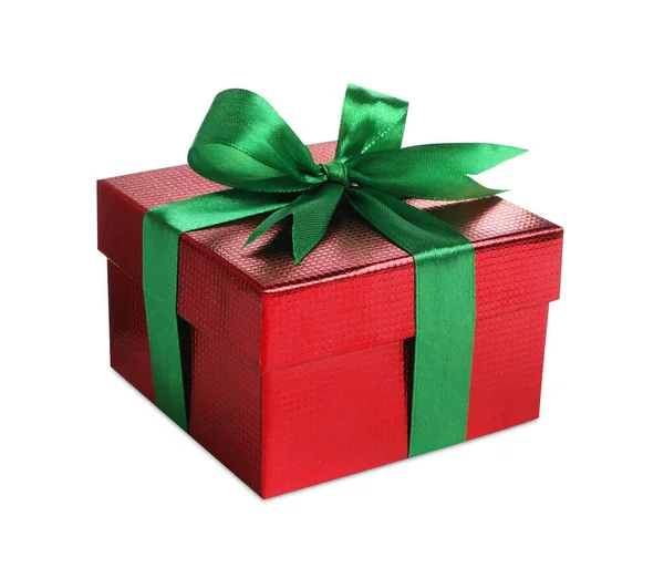 Різдвяний Подарунок Коробка Зеленим Стрічковим Бантом Білому Тлі — стокове фото