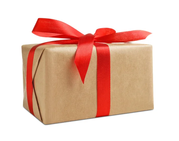 Świąteczny Prezent Pudełko Owinięte Papier Kraft Białym Tle — Zdjęcie stockowe