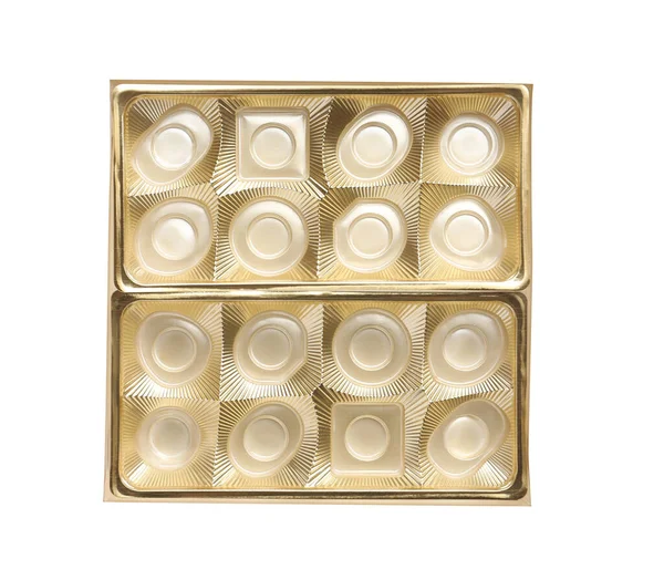 Caixa Vazia Doces Chocolate Isolados Branco Vista Superior — Fotografia de Stock