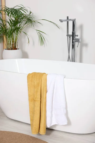 Stylish Ceramic Tub Beautiful Houseplants Bathroom Interior Design — Stock Photo, Image