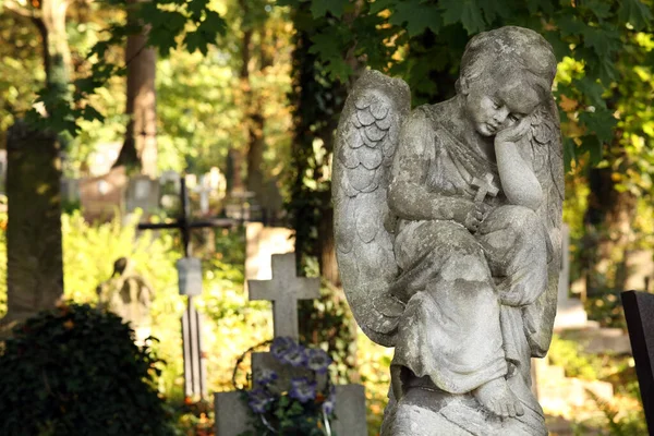 Прекрасна Статуя Ангела Кладовищі Сонячний День Простір Тексту Церемонія Похорону — стокове фото