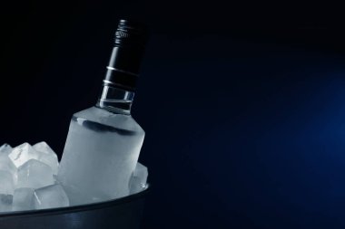 Bir şişe votka metal kovada, arka planda buz var. Metin için boşluk