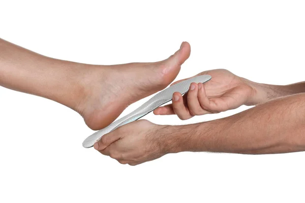 Orthopedist Fitting Insole Patient Foot White Background Closeup — Stock Photo, Image