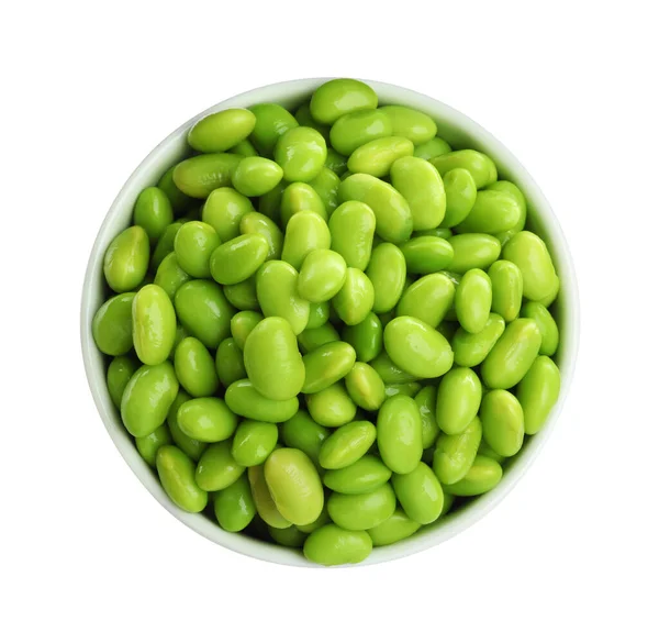 Bowl Fresh Edamame Soybeans White Background Top View — Zdjęcie stockowe