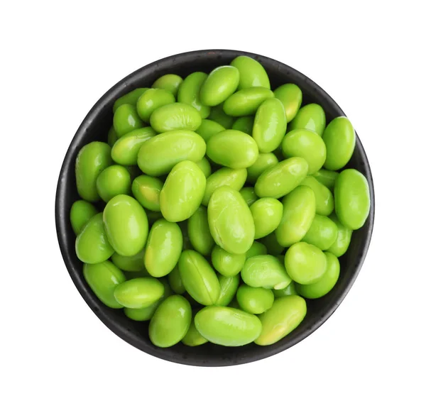 Bowl Fresh Edamame Soybeans White Background Top View — Fotografia de Stock