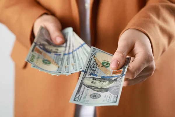 Woman Holding Dollar Banknotes White Background Closeup Money Exchange Concept — Stock Photo, Image