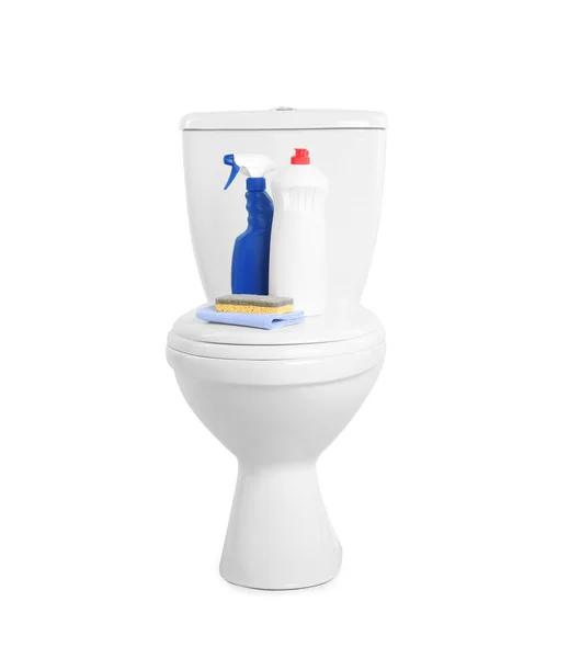Toalete Suprimentos Limpeza Fundo Branco — Fotografia de Stock