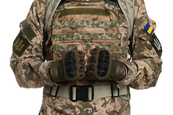 Soldat Ukrainska Militäruniform Vit Bakgrund Närbild — Stockfoto