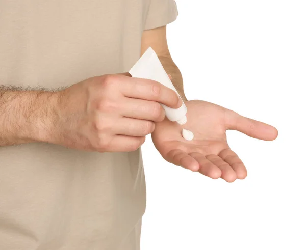 Man Applying Cream Hand White Background Closeup — Foto de Stock