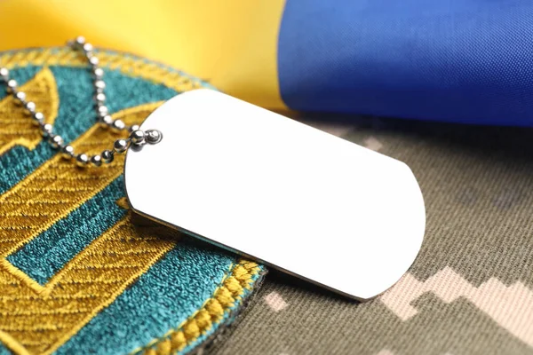 Military Tag Patch Ukrainian Flag Pixel Camouflage Closeup — Stock Photo, Image