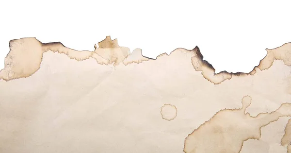 Kawałek Papieru Ciemnymi Przypalonymi Granicami Odizolowany Białym Górnym Widoku Miejsce — Zdjęcie stockowe