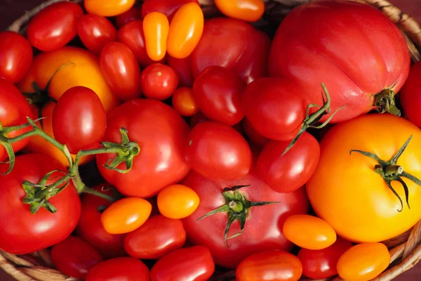 Wiklinowy Kosz Świeżymi Pomidorami Drewnianym Stole Widok Góry — Zdjęcie stockowe