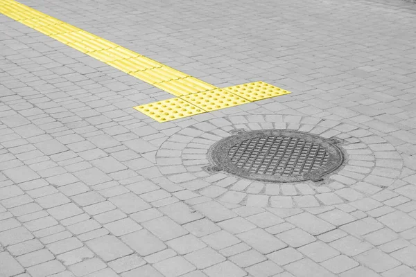 Metal Sewer Hatch Street Tiles Outdoors Space Text — Stock Photo, Image