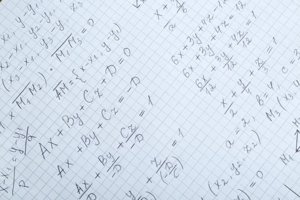 Folha Papel Com Diferentes Fórmulas Matemáticas Vista Superior — Fotografia de Stock