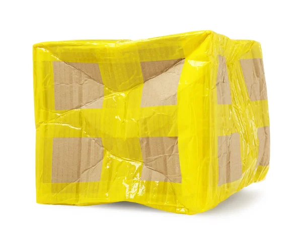 Crumpled Cardboard Parcel Box Yellow Sticky Tape White Background — Stock Photo, Image